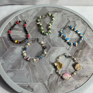 Lot of 5 Handmade Beaded Bracelets Shell, Stone, Glass, Pearl Boho Jewelry